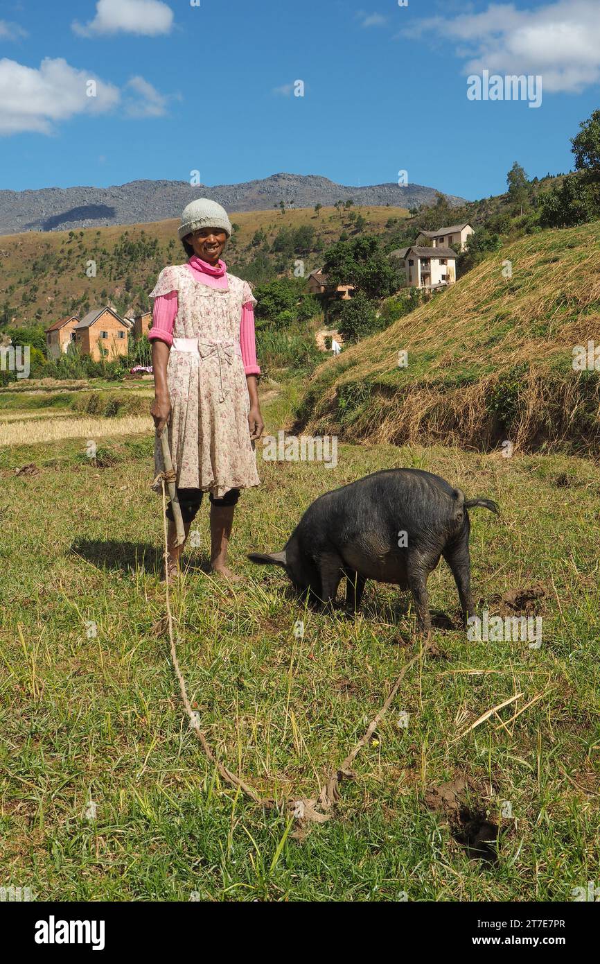Madagaskar, Antsirabe, Région des Hautes Terres, Femme malgache et Son cochon Stockfoto