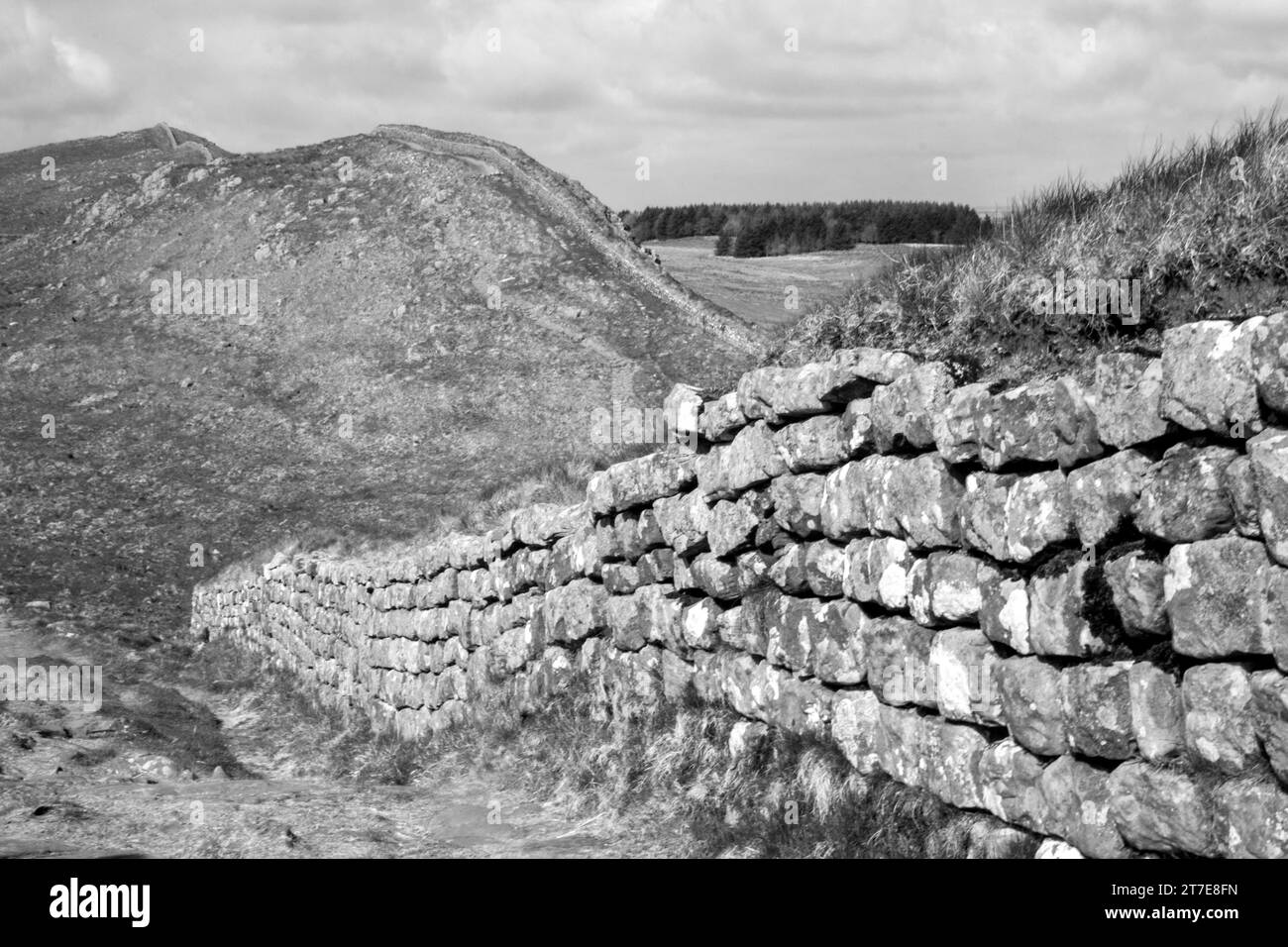Sehen Sie entlang der beeindruckenden Ruinen der Hadriansmauer in Nordengland in Schwarz-weiß Stockfoto