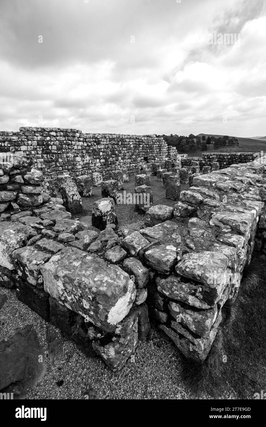 Schwarz-weiß-Blick auf die alten Fundamente, alles, was von einem römischen Lagerhaus am Housesteads Fort entlang der Hadrians Mauer übrig geblieben ist. Stockfoto