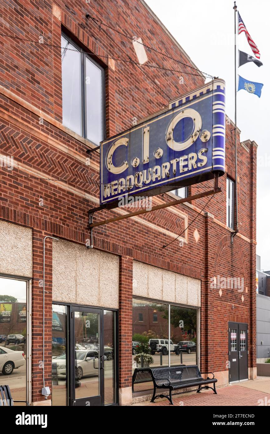 Muskegon, Michigan - Ein Vintage-Schild für das Hauptquartier der C.I.O. Seit 1955 gibt es den Kongress der Industrieorganisationen und die American Federation of Labor Stockfoto