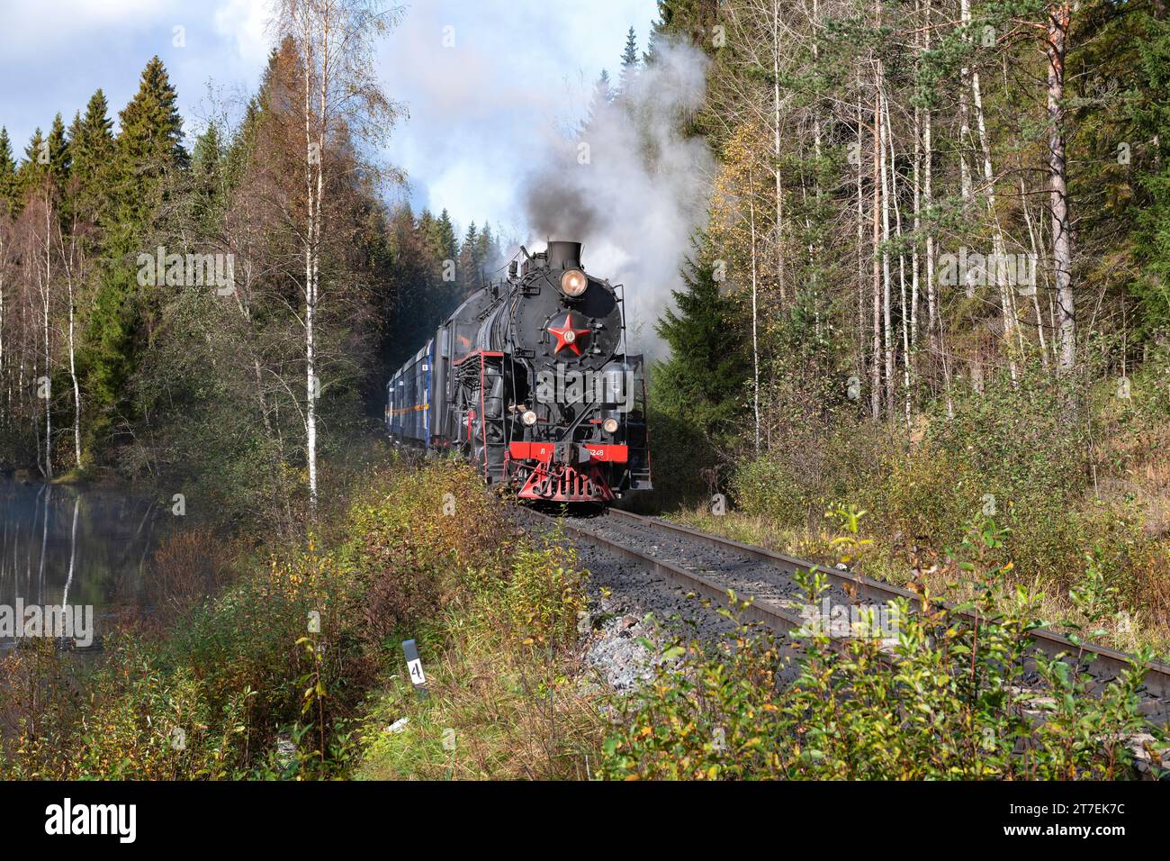 RUSKEALA, RUSSLAND - 06. OKTOBER 2023: Retro-Zug 'Ruskeala Express' mit Dampflokomotive L-5248 (Lebedyanka, L-Serie) im Herbstwald auf einer sunn Stockfoto