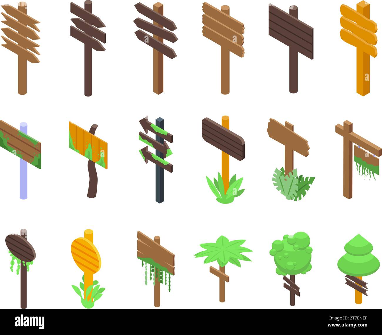 Symbole für hölzerne Waldschilder setzen isometrischen Vektor. Holzschild. Rahmen tropische Platte Stock Vektor