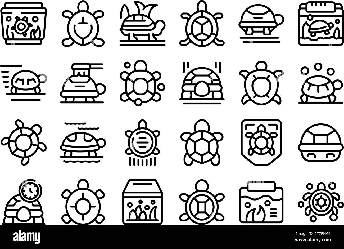 Schildkröten-PET-Symbole legen den Konturvektor fest. Reptilien-Haustier-Schale. Niedliches Tier wild Stock Vektor