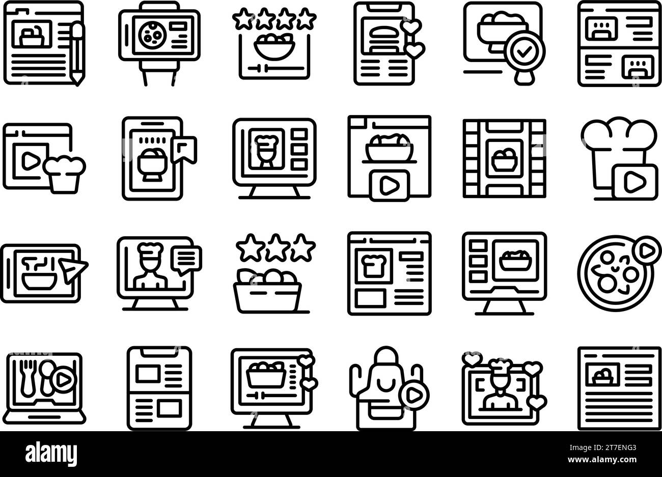 Kulinarische Blogsymbole setzen Konturvektor. Gastronomie. Die Leute kochen in der Küche Stock Vektor