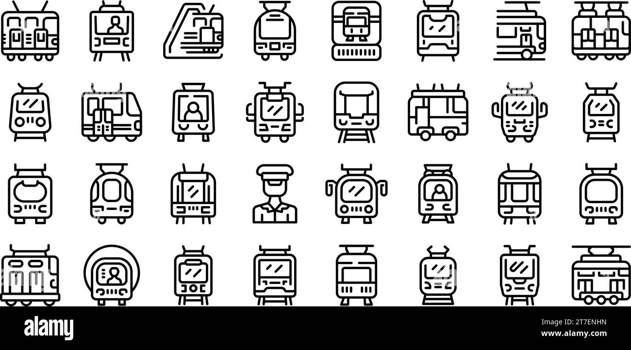 Symbole für Straßenbahnfahrer legen den Konturvektor fest. Fahrgeschwindigkeit. Straßenbahnfahrer Stock Vektor