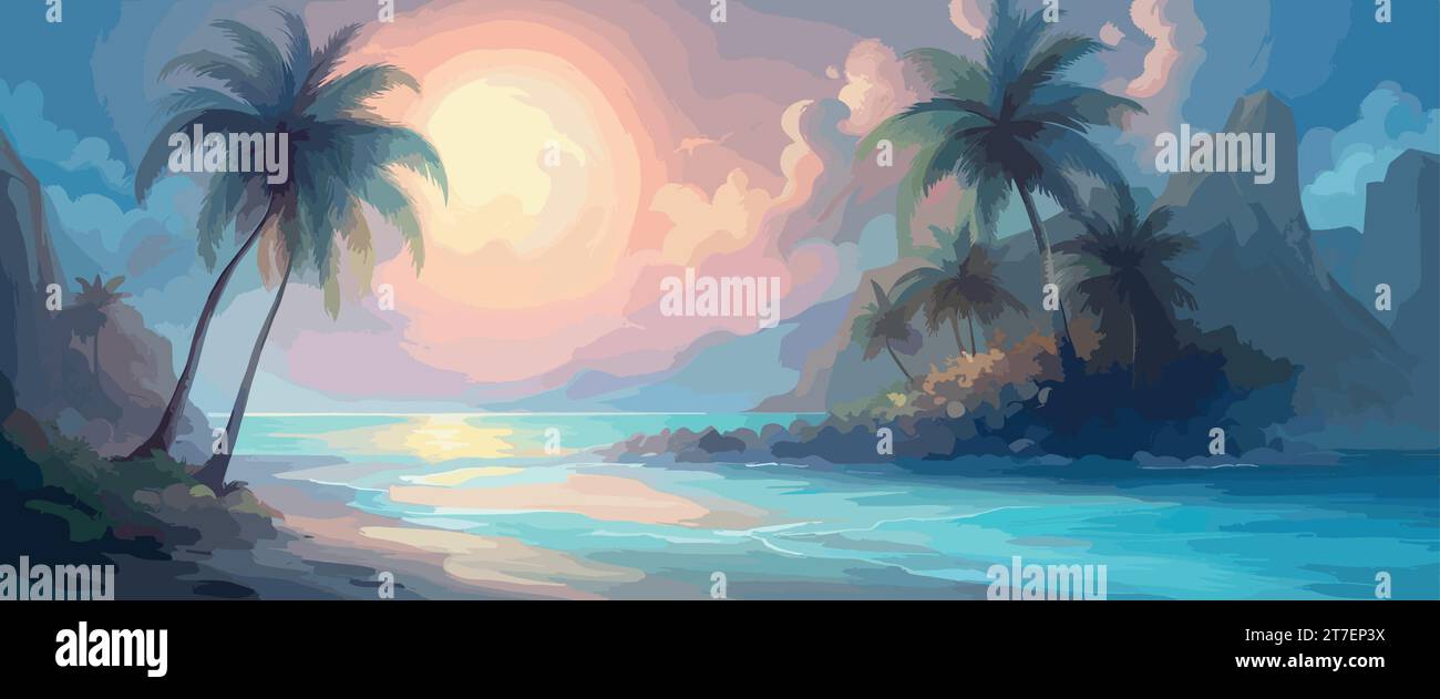 Banner schöner Strand mit Palmen am Morgen mit Frieden und ruhiger Meereswelle, Wolken am Himmel, Vektorillustration Stock Vektor