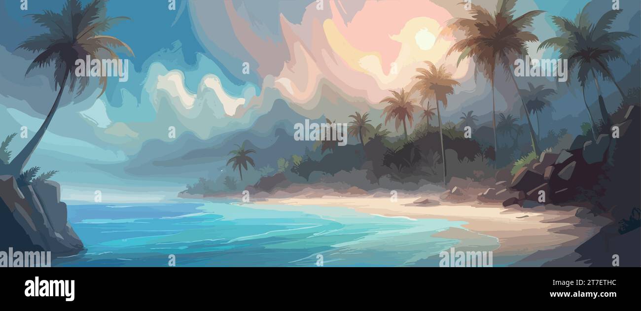 Banner Paradise Beach tropische Insel, Palmen, weißer Sand, azurblaues Wasser, Himmel mit Wolken. Vektorabbildung Stock Vektor