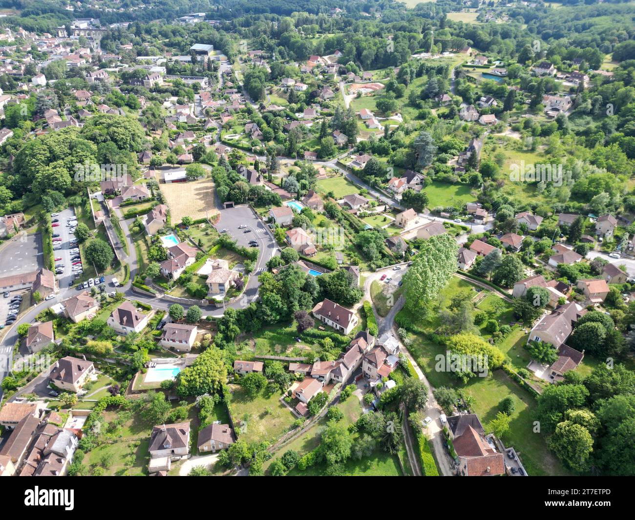 Straßen Häuser und Straßen Sarlat la Caneda Dordogne, Frankreich Drohne, Luft Stockfoto