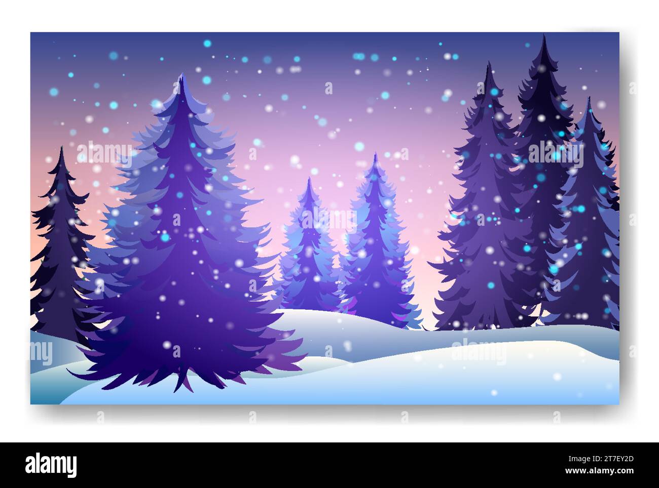 Winterlandschaft im Hintergrund mit Tannen und Kiefern im Schnee. Nadelwald, Nacht, Himmel, Sterne. Weihnachtsdekoration. Vektorabbildung Stock Vektor