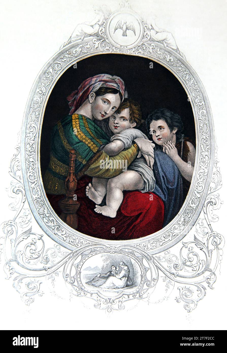Illustration des Säuglings Jesus Christus, Jungfrau Maria und Johannes mit Zeichnung der Ruhe in Ägypten darunter aus der selbstinterpretierenden Familie B Stockfoto