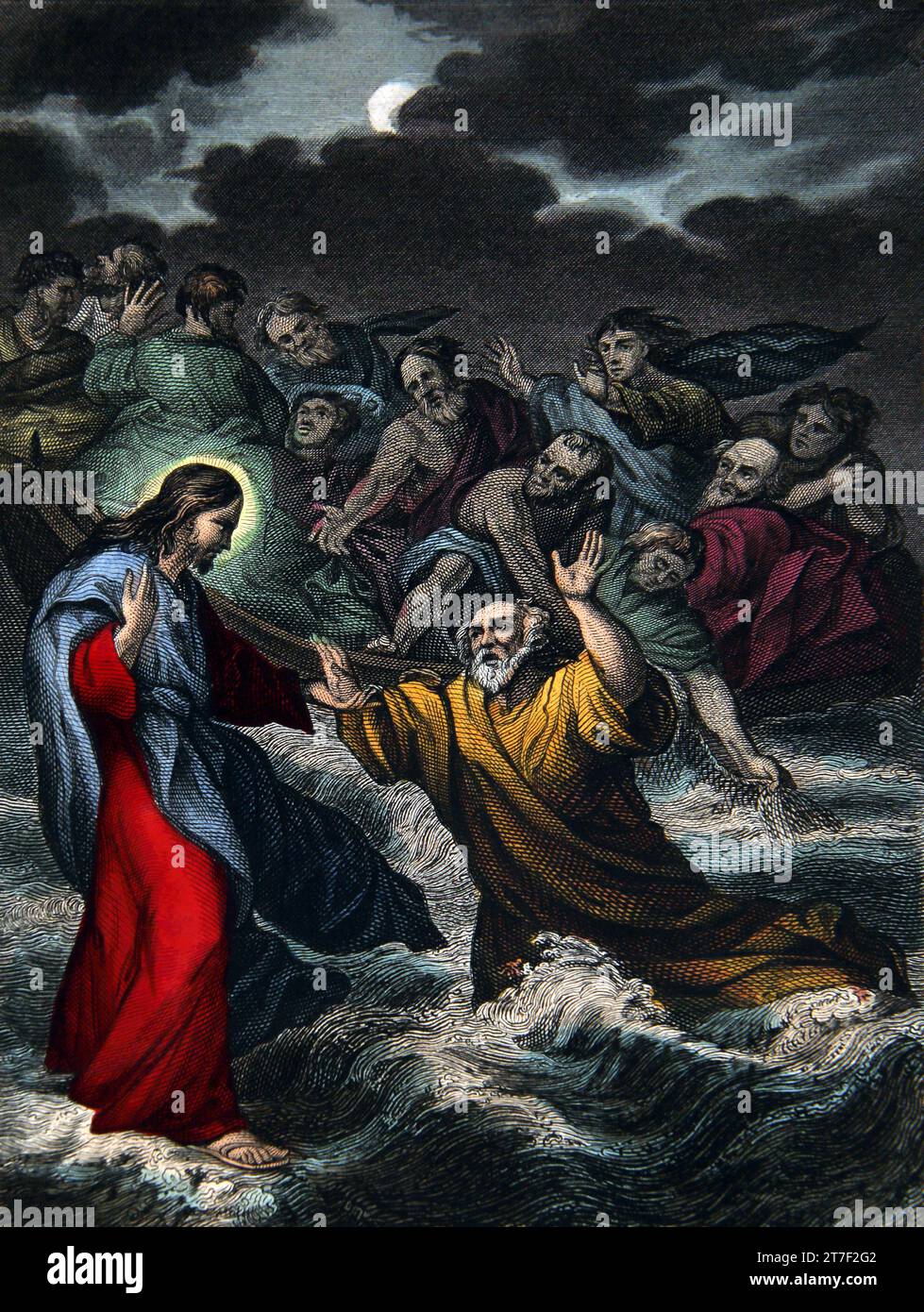 Die Illustration von Peters Glauben versagt ihn an der selbstinterpretierenden Familie Bibelapostel Peter stieg aus dem Boot und kam zu Jesus, der auf ihm ging Stockfoto