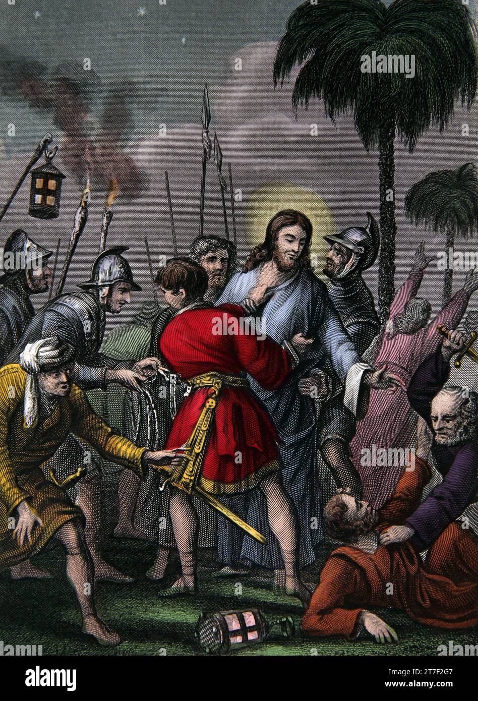 Illustration von Jesus Christus, der verraten und verhaftet wird (MatthäwXXVI.50) aus der selbstinterpretierenden Familienbibel Stockfoto