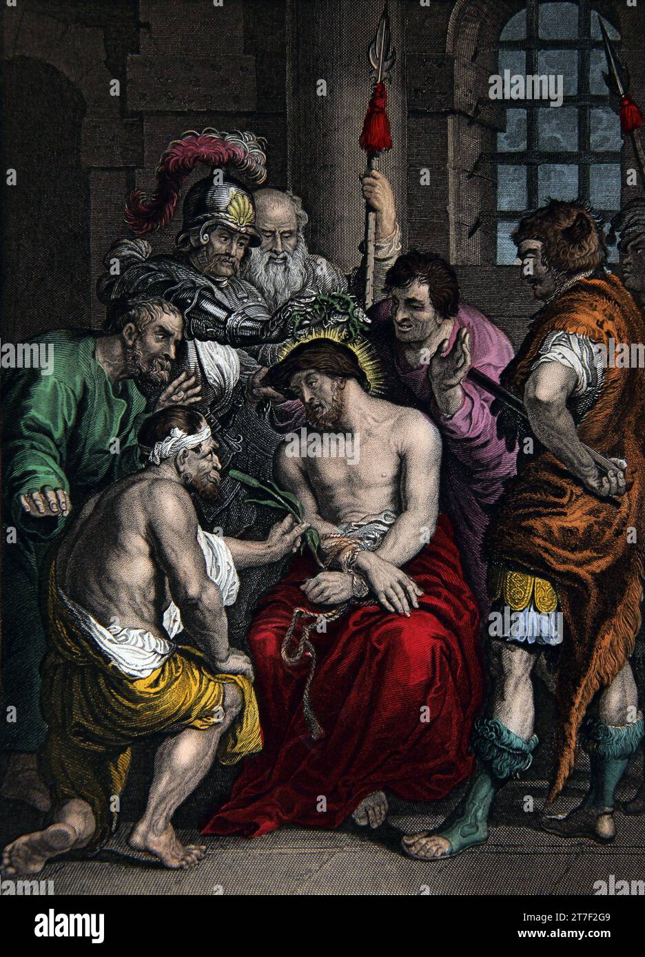 Illustration der römischen Soldaten, die die Dornenkrone auf dem Kopf Jesu Christi platzieren (matthäus) Stockfoto