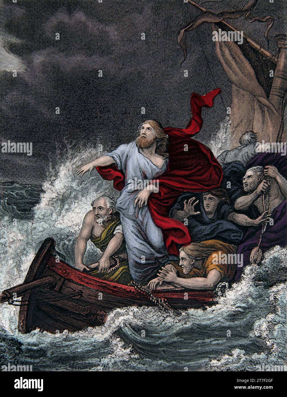 Illustration von Jesus Christus, der den Sturm stillt (Markus IV.39) aus der selbstinterpretierenden Familienbibel Stockfoto