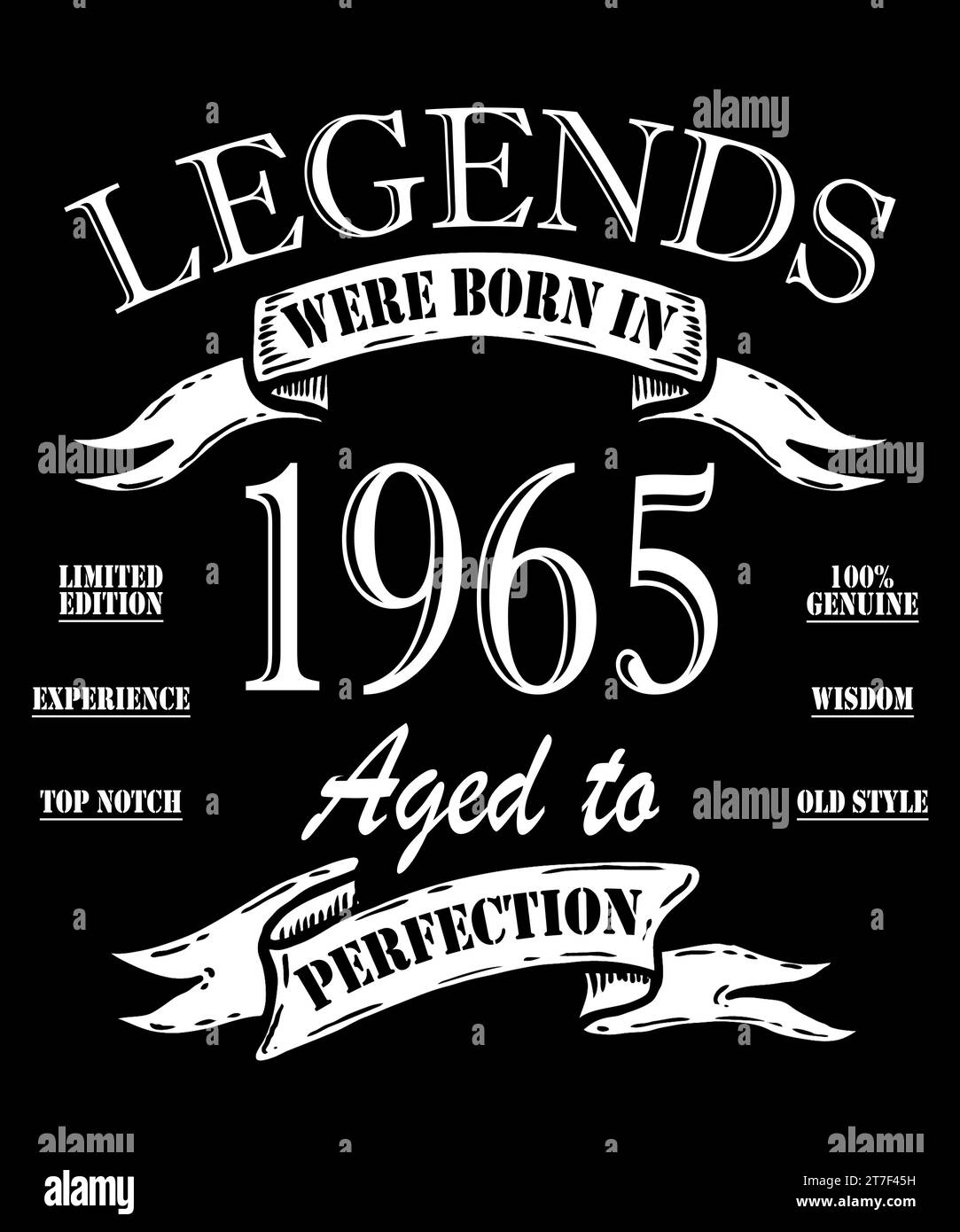 Legende Seit 1965. Bereit zum Drucken des Geburtstagsvektors. Die Legenden wurden 1965 geboren. Fantastisch seit 1965. Limitierte Auflage. Stockfoto