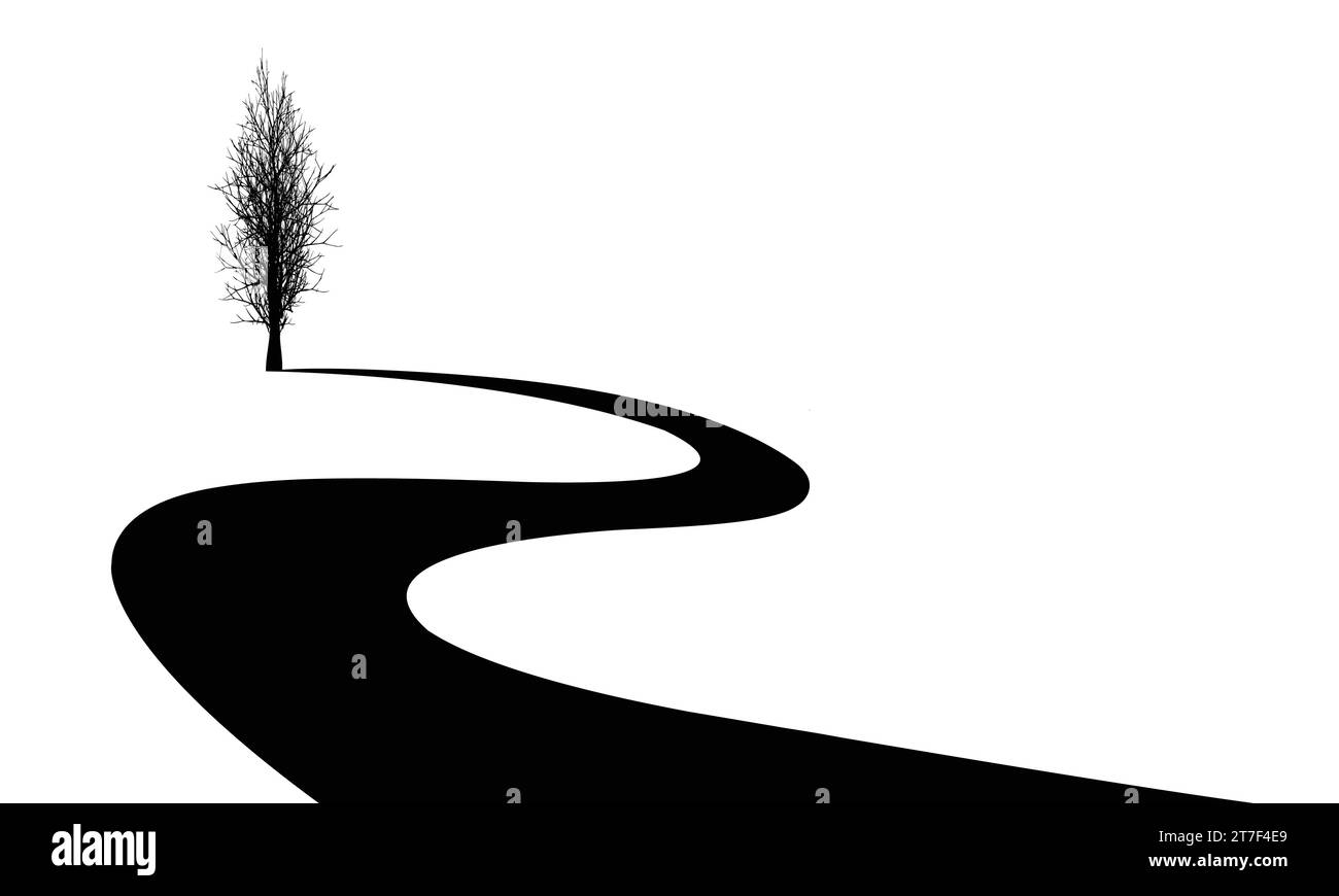 Straßen- und Baumlogodesign, kurviges Straßensymbol und Landschaftsschild, Vektorsymbol in flachem Stil isoliert auf weißem Hintergrund und Kopierraum für Text Stock Vektor