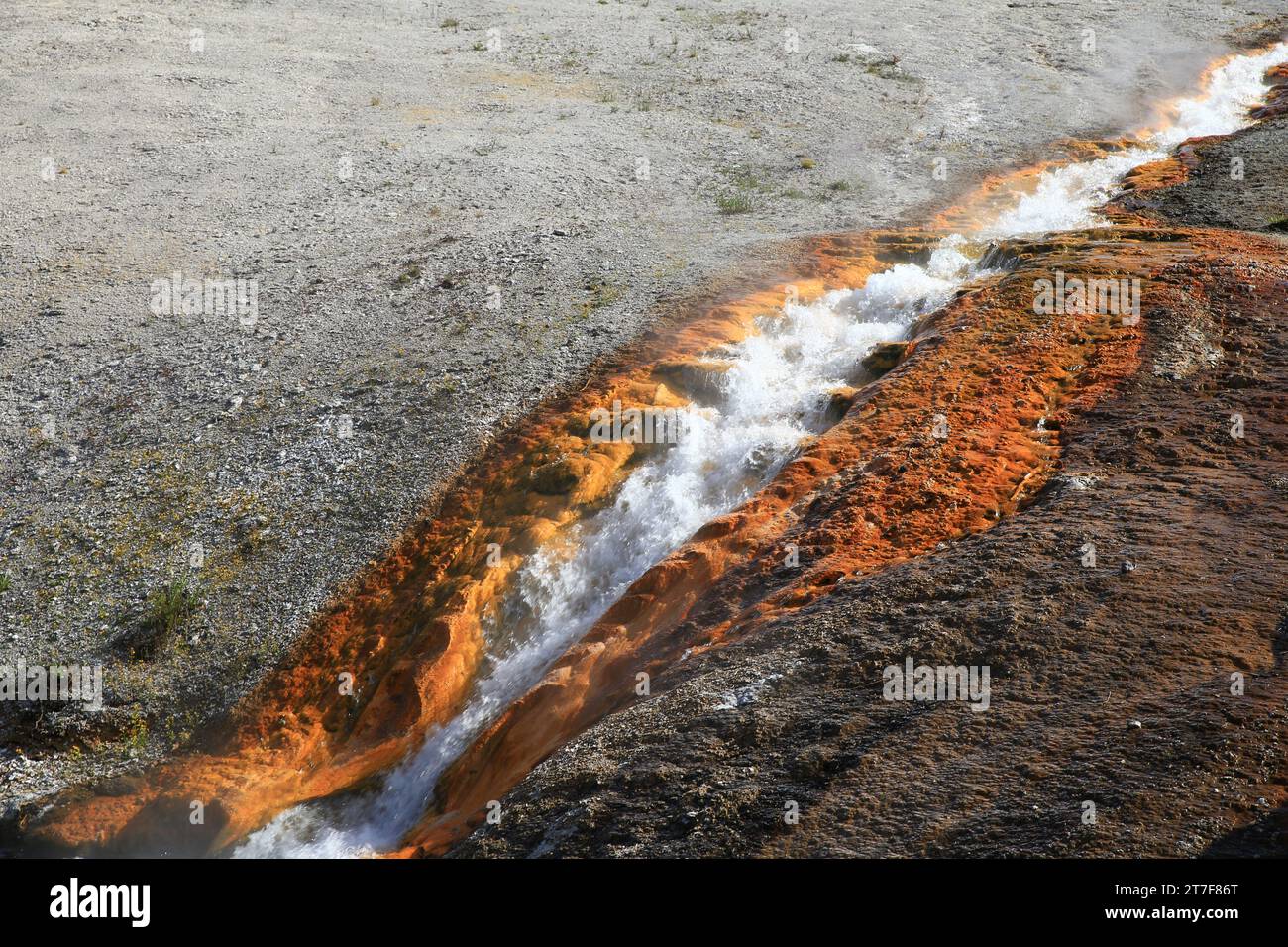 Heißes Quellwasser, das durch einen Felsen im Yellowstone-Nationalpark fließt Stockfoto
