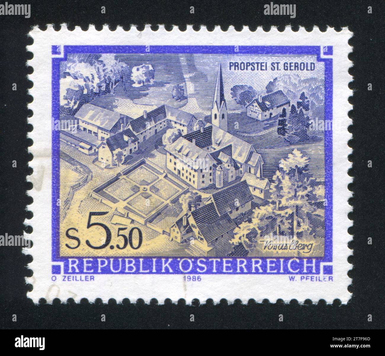 ÖSTERREICH - UM 1986: Briefmarke von Österreich, zeigt Propstei St. Gerold in Voralberg, um 1986 Stockfoto