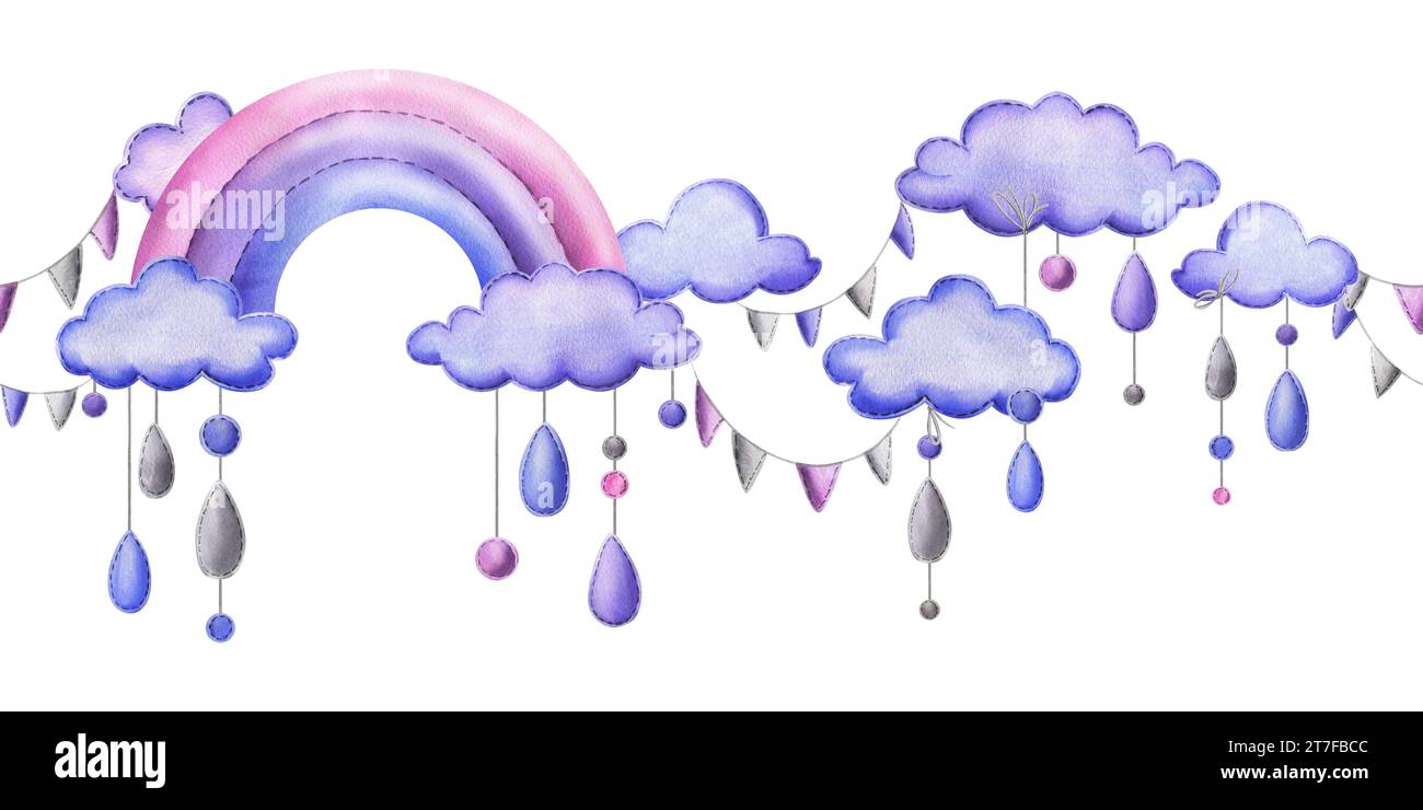 Ein genähter Regenbogen mit Wolken und Regentropfen, die an Seilen hängen, in Blau, Lila und Pink. Kindliche süße handgezeichnete Aquarellillustration. Nahtlos Stockfoto