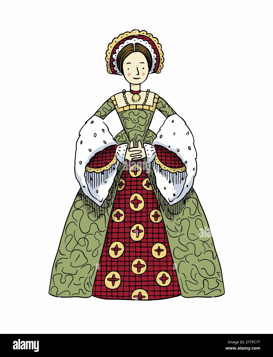 Hand gezeichnet Lady Tudor Mode - mittelalterliche Frau Historisches Kostüm Vektor Illustration Stock Vektor