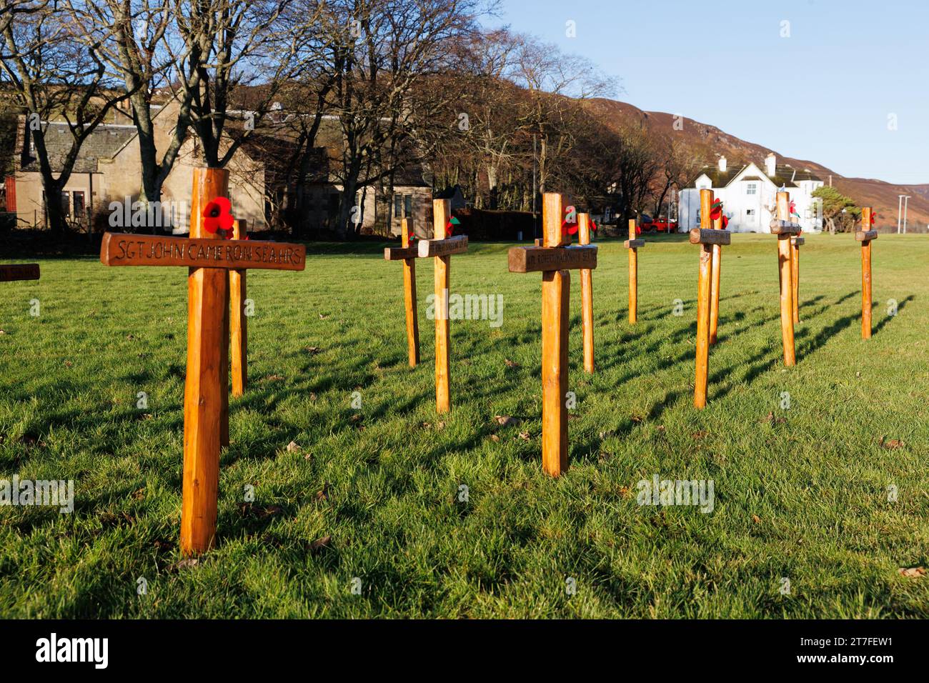 Helmsdale, Sutherland, Schottland. November 2023. Kreuze markieren den Waffenstillstandstag am Helmsdale war Memorial. Stockfoto