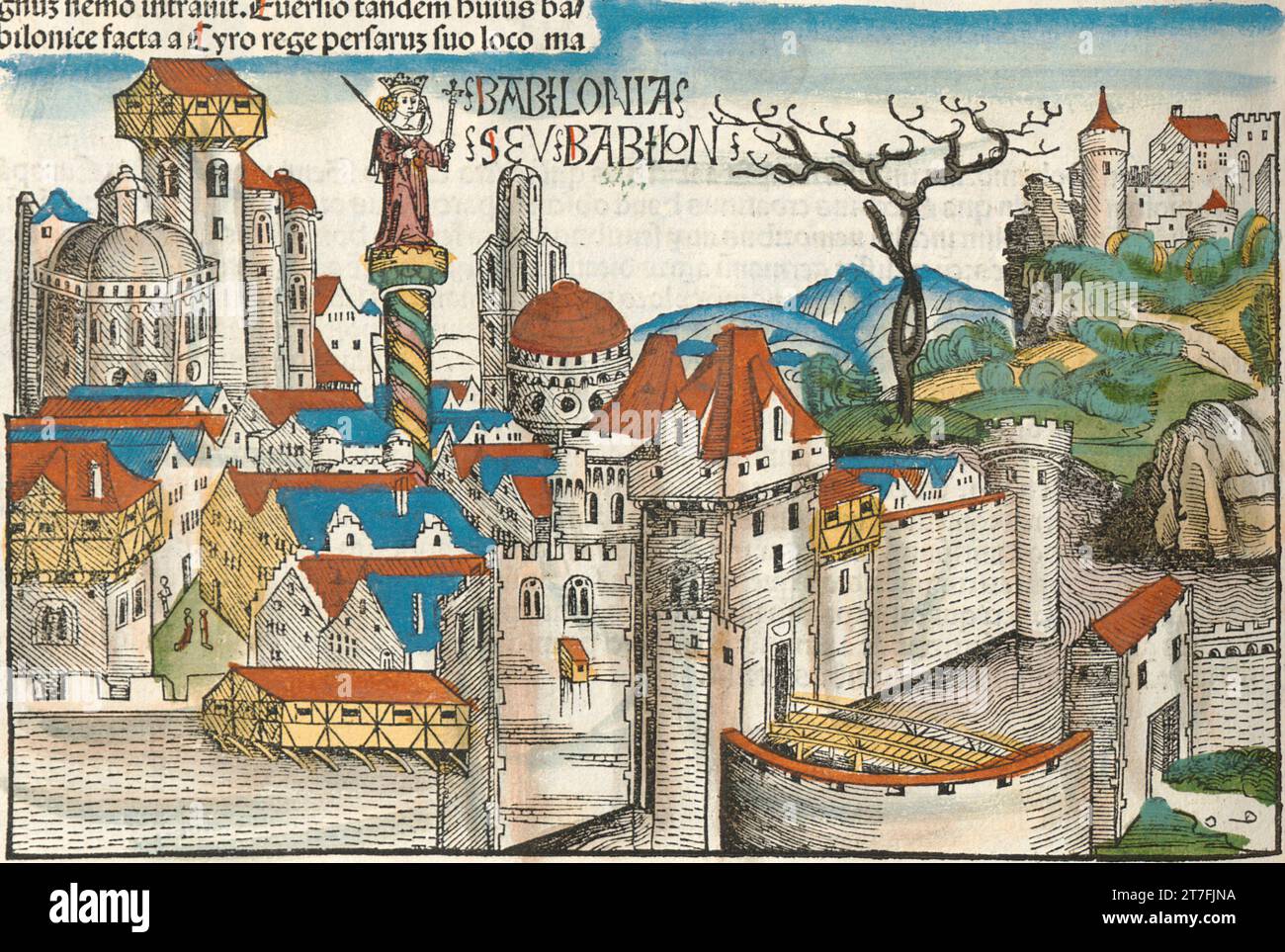 Darstellung von Babylon, Mesopotamien - Illustration aus der Nürnberger Chronik, 1493. Illustriert von Wilhelm Pleydenwurff und Michael Wolgemut Stockfoto