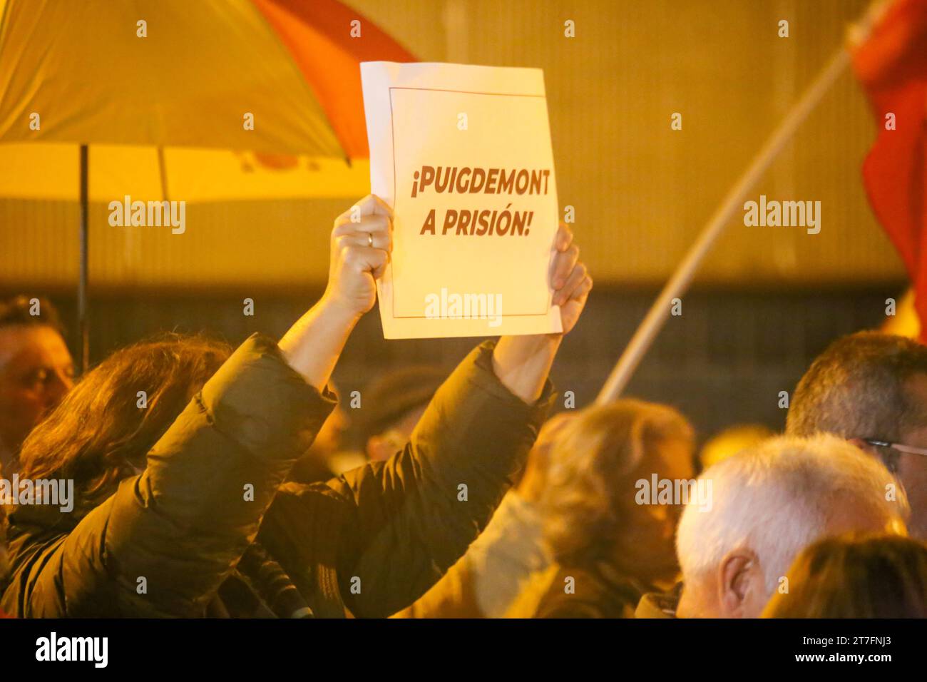 Oviedo, Spanien, 15. November 2023: Eine Dame mit einem Schild mit der Aufschrift „Puigdemont ins Gefängnis“ während der Kundgebung gegen Amnestie und Verrat!, am 15. November 2023 in Oviedo, Spanien. Quelle: Alberto Brevers / Alamy Live News. Stockfoto