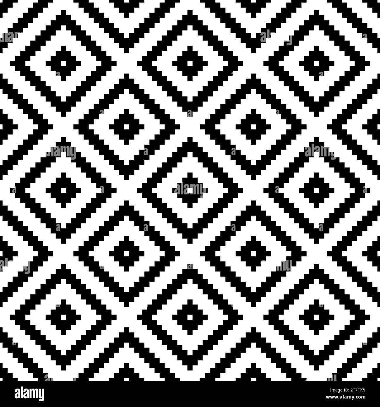 Nahtloses Shweshwe-afrikanisches Muster. Wiederholung der abstrakten shwe-Schwarzweiß-Isolierung auf weißem Hintergrund. Wiederholte geometrische Darstellung für Designdrucke. Sotho Stock Vektor