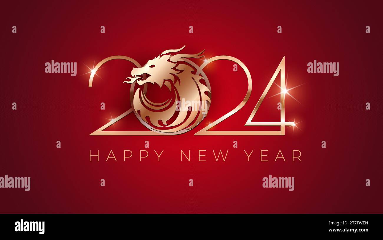2024 Jahr der Drachen Silhouette Gold und roter Hintergrund. Minimalistischer chinesischer Drachen Neujahr 2024 Bannervektor, Mondneujahr-Grußkarte Stock Vektor