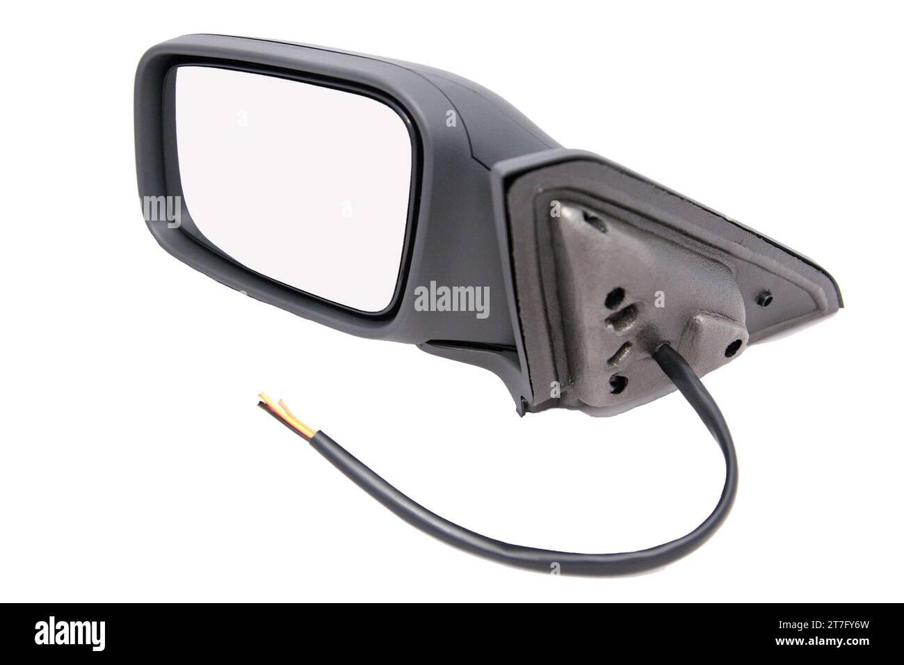 Seitenansicht eines Außenspiegels aus Kunststoff mit Elektrokabel. Stockfoto