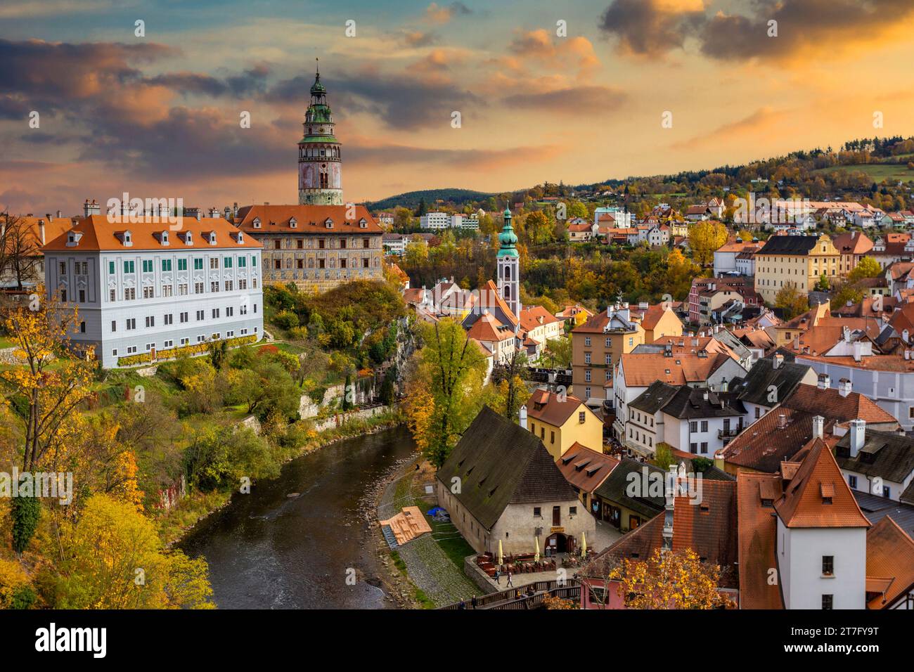 Cesky Krumlov bei Sonnenuntergang, Tschechien. Stockfoto