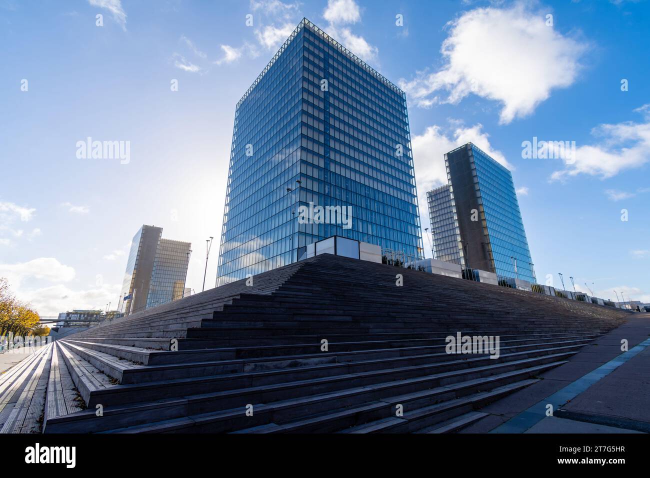 Außenansicht der Treppen und Türme der Bibliothèque nationale de France (BNF), auch bekannt als Francois Mitterrand Bibliothek Stockfoto