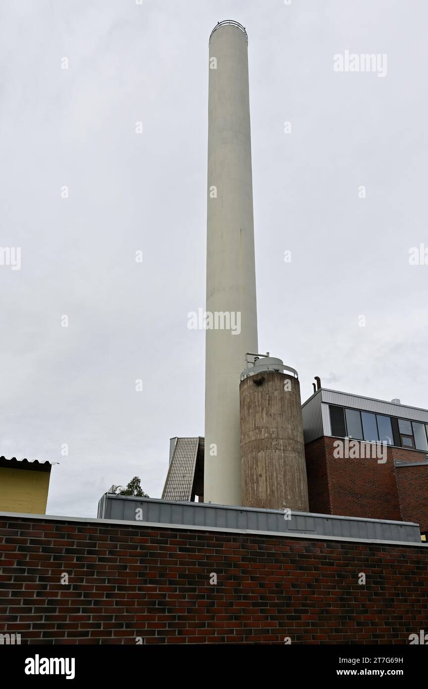 Industriegebäude und ein Rohr vor grauem Himmel Stockfoto