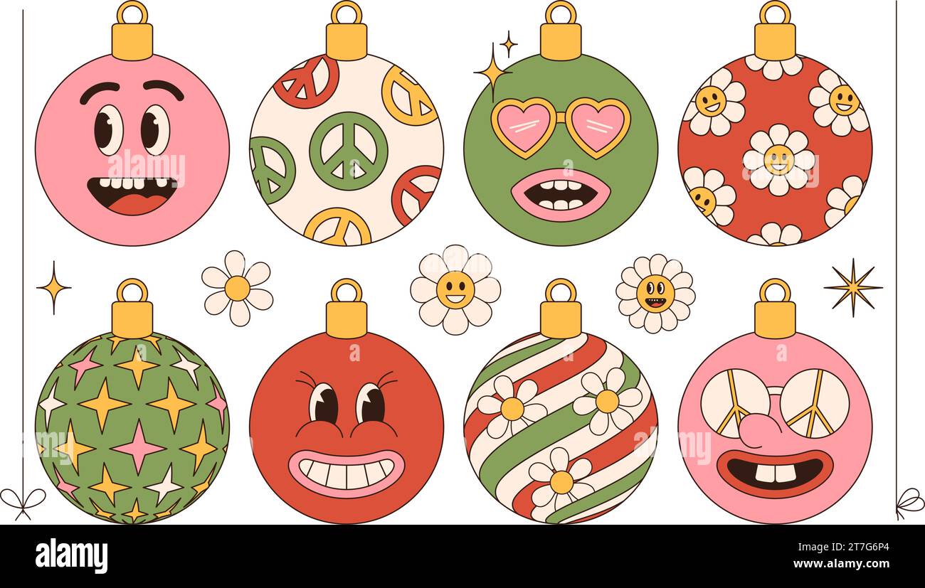Weihnachtskugeln und Spielzeug im trendigen Retro-Hippie-Stil der 60er Jahre. Vektorabbildung. Stock Vektor