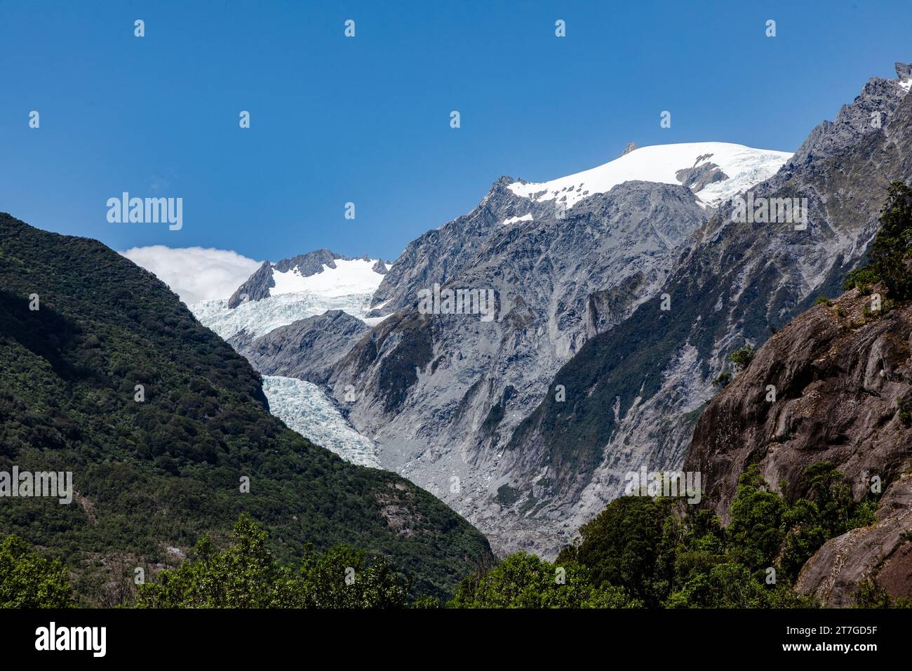 Der Franz-Josef-Gletscher in Neuseeland endet derzeit 19 km von der Tasmanischen See entfernt. Gegen Ende der letzten Eiszeit vor etwa 18.000 Jahren dehnt sie sich aus Stockfoto