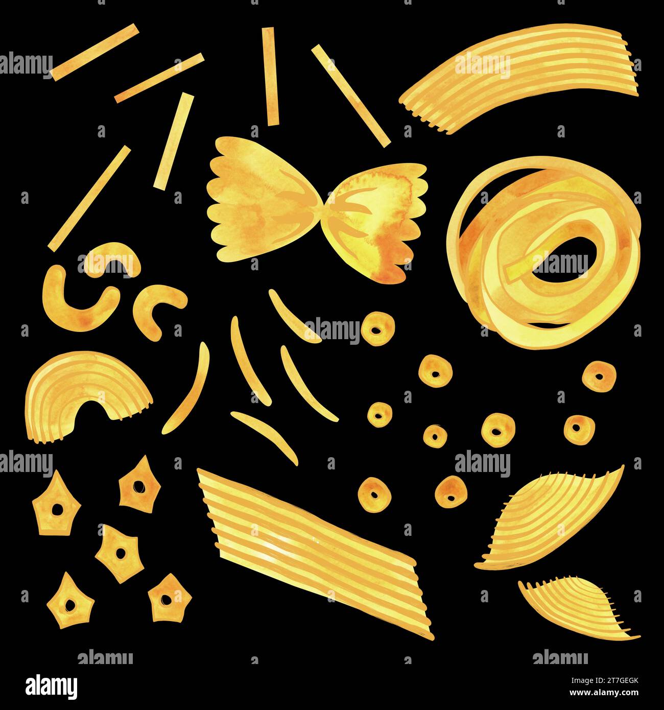 Ein Satz italienischer Nudeln: Farfalle, Fettuccine, Penne, Rigatoni, Muscheln, Vermicelli, Ringe, Makkaroni. Isolierte Aquarellillustration. Clipart Stockfoto