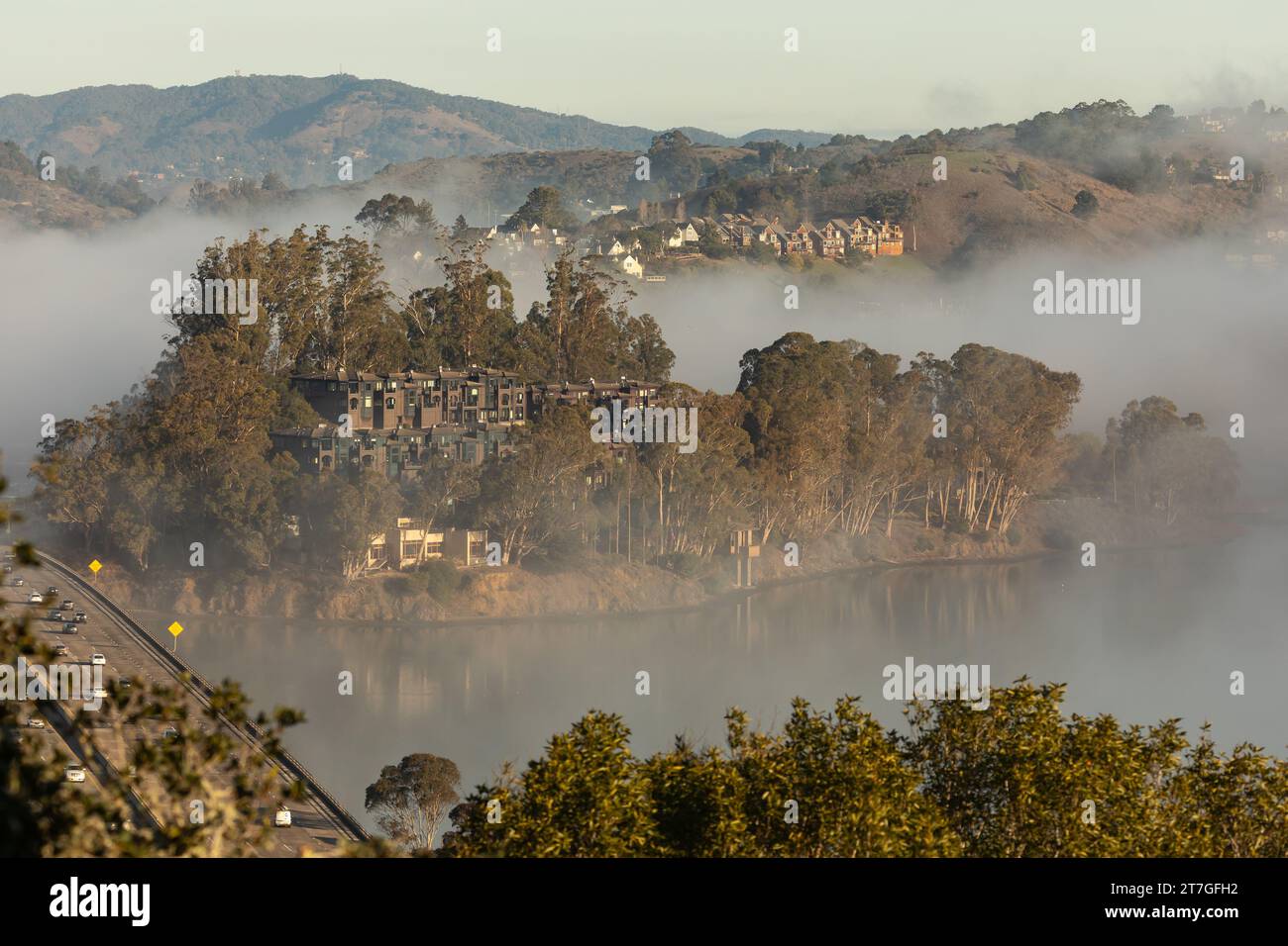 Morgens steigt Nebel und Nebel über die Häuser und Wälder der Richardson Bay im Marin County Stockfoto