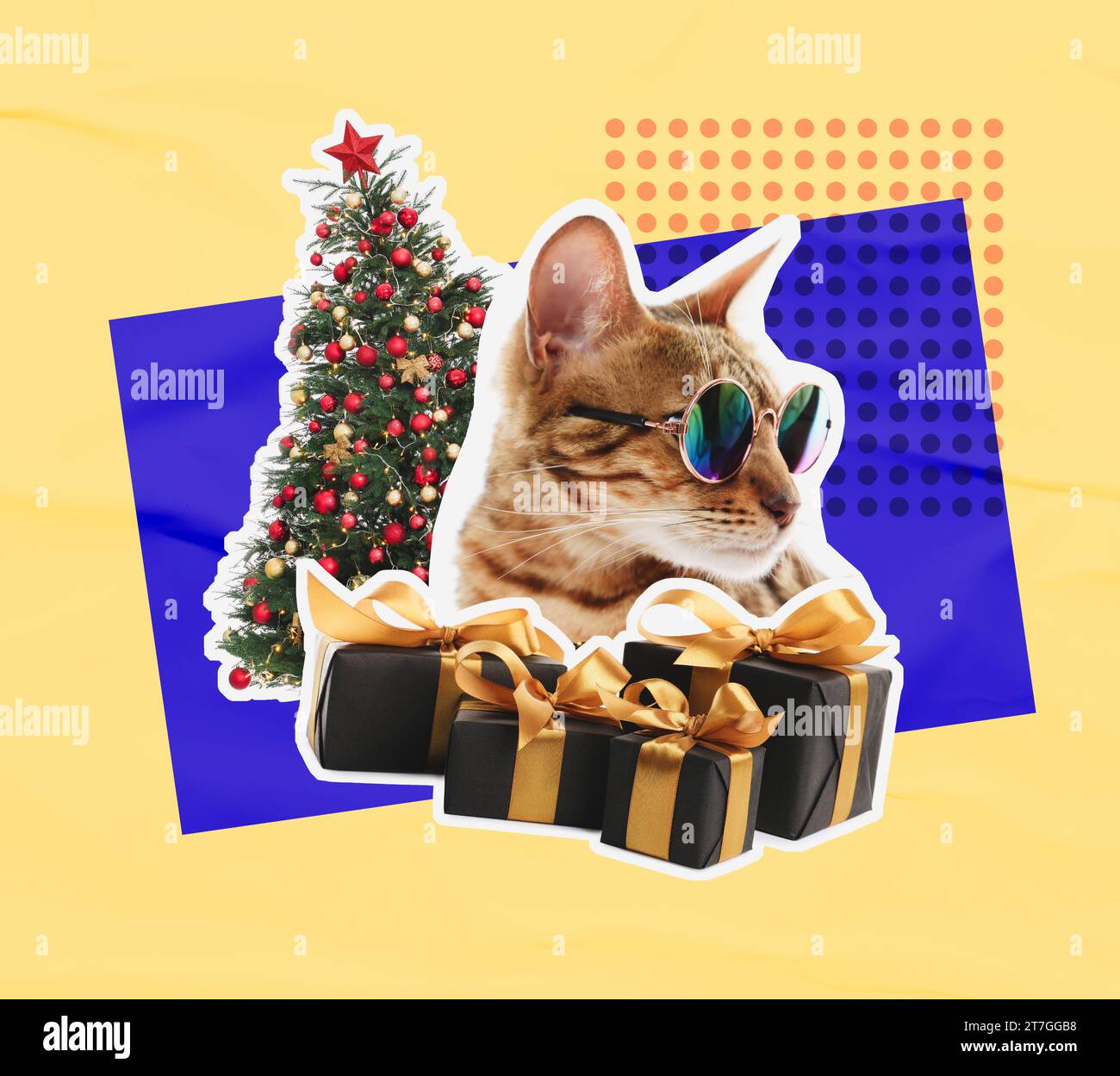 Kreative Collage. Katze in Sonnenbrille und Geschenkboxen in der Nähe des Weihnachtsbaums vor farbigem Hintergrund Stockfoto