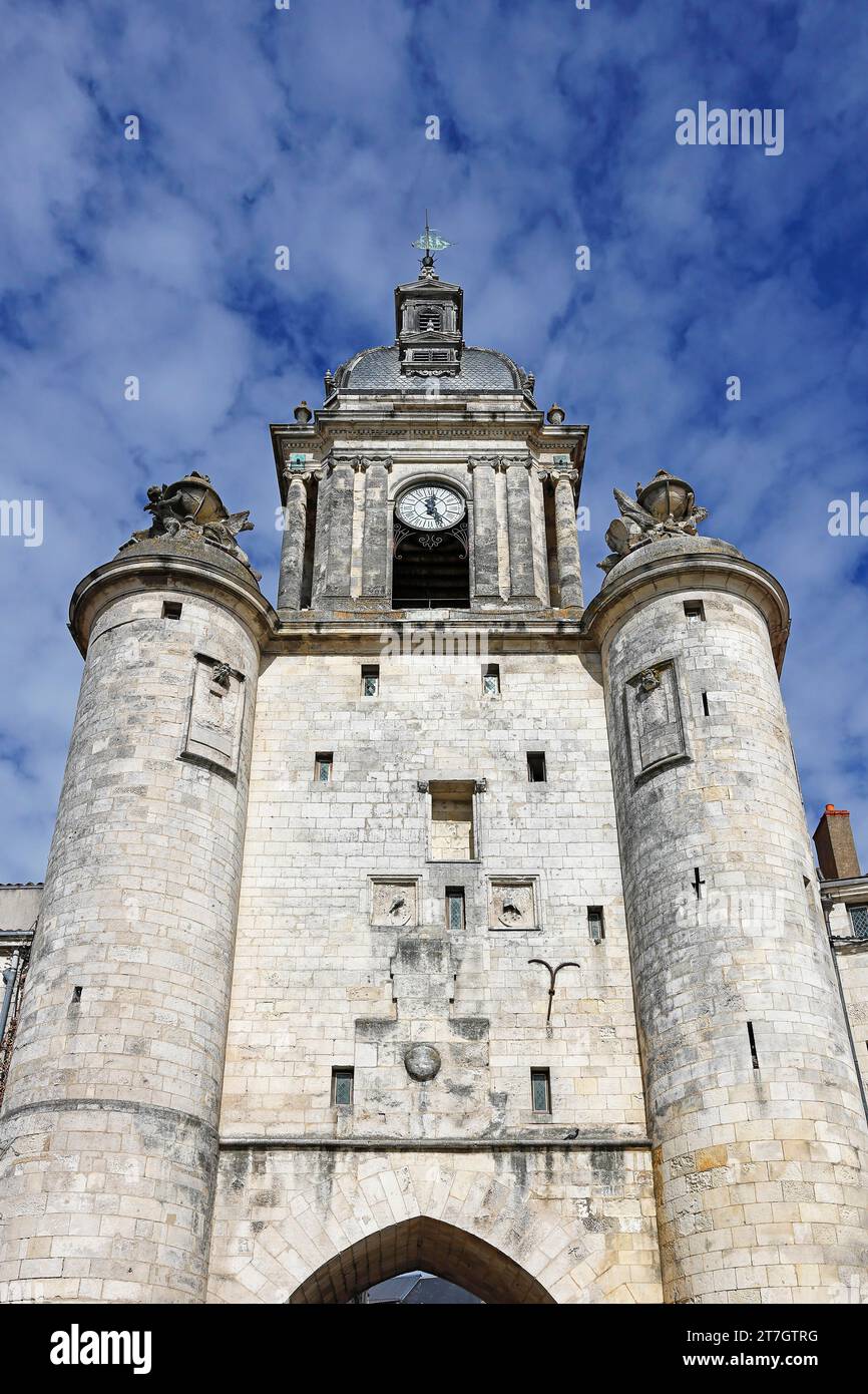 Mittelalterlicher Glockenturm in La Rochelle, Porte de la Grosse Horloge, Departement Charente-Maritime, Frankreich Stockfoto