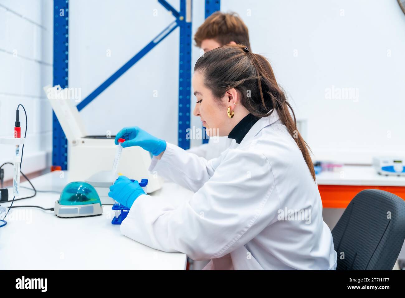 Junge Wissenschaftler, die mit Proben arbeiten, die in einem Forschungslabor sitzen Stockfoto