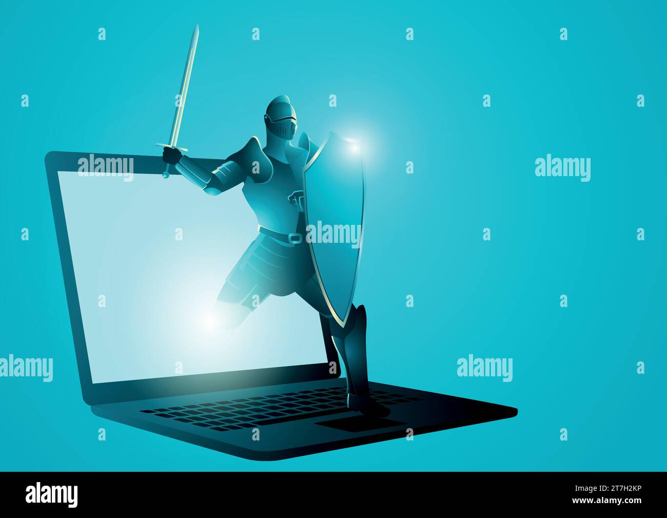 Vektordarstellung eines Ritters mit Schild und Schwert, der auf dem Laptop-Bildschirm erscheint. Virenschutz, Schutz, Computersicherheitskonzept Stock Vektor