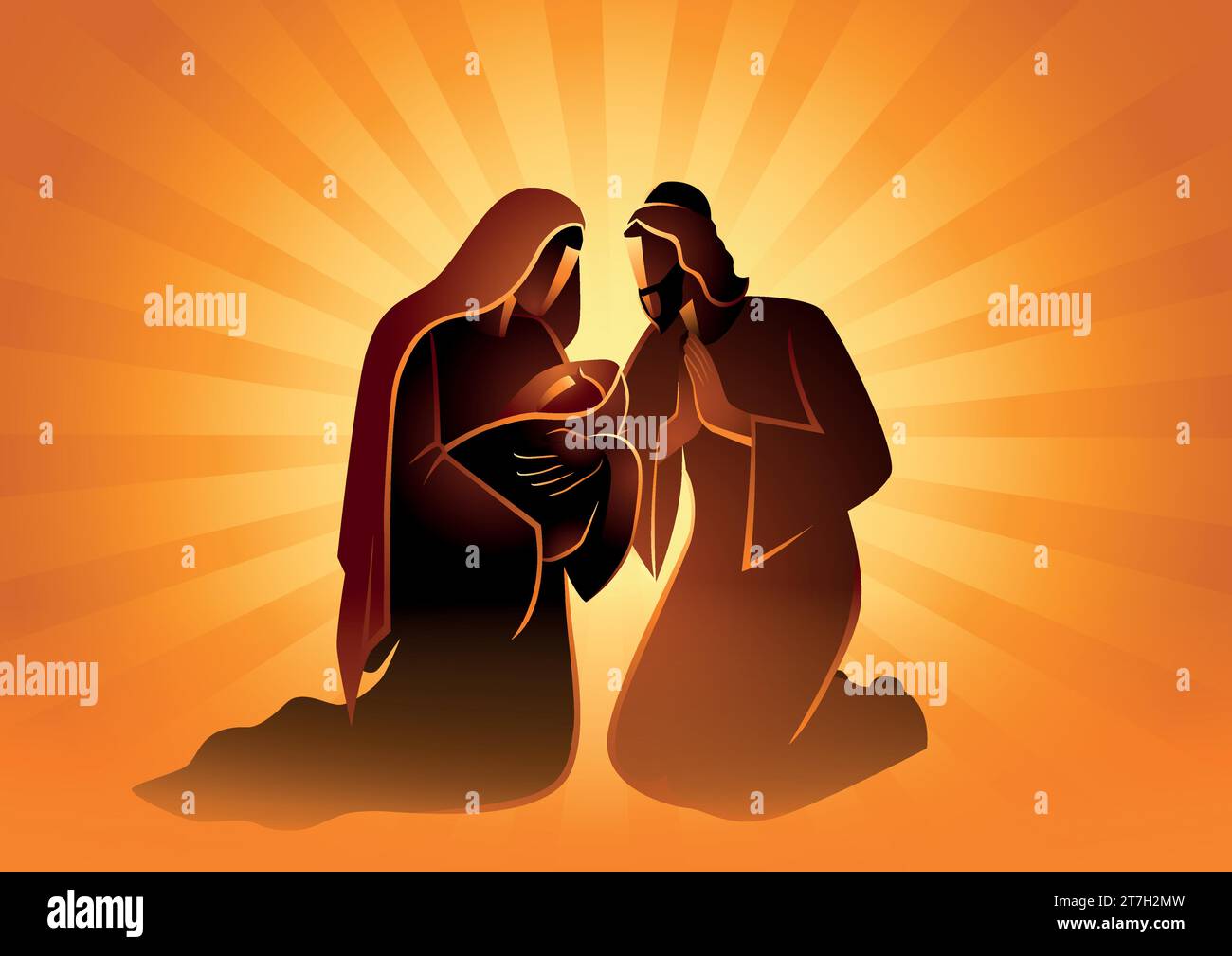 Biblische Vektor-Illustrationsserie, Krippe der Heiligen Familie. Maria und Joseph mit dem Jesuskind. Weihnachtsmotiv Stock Vektor