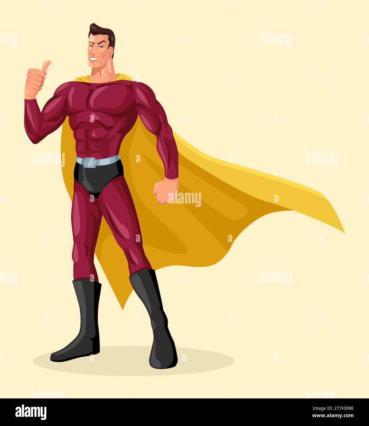 Vektor-Illustration des Superhelden mit galanter Pose, die Daumen nach oben gibt, einfache flache Zeichentrickserie Stock Vektor