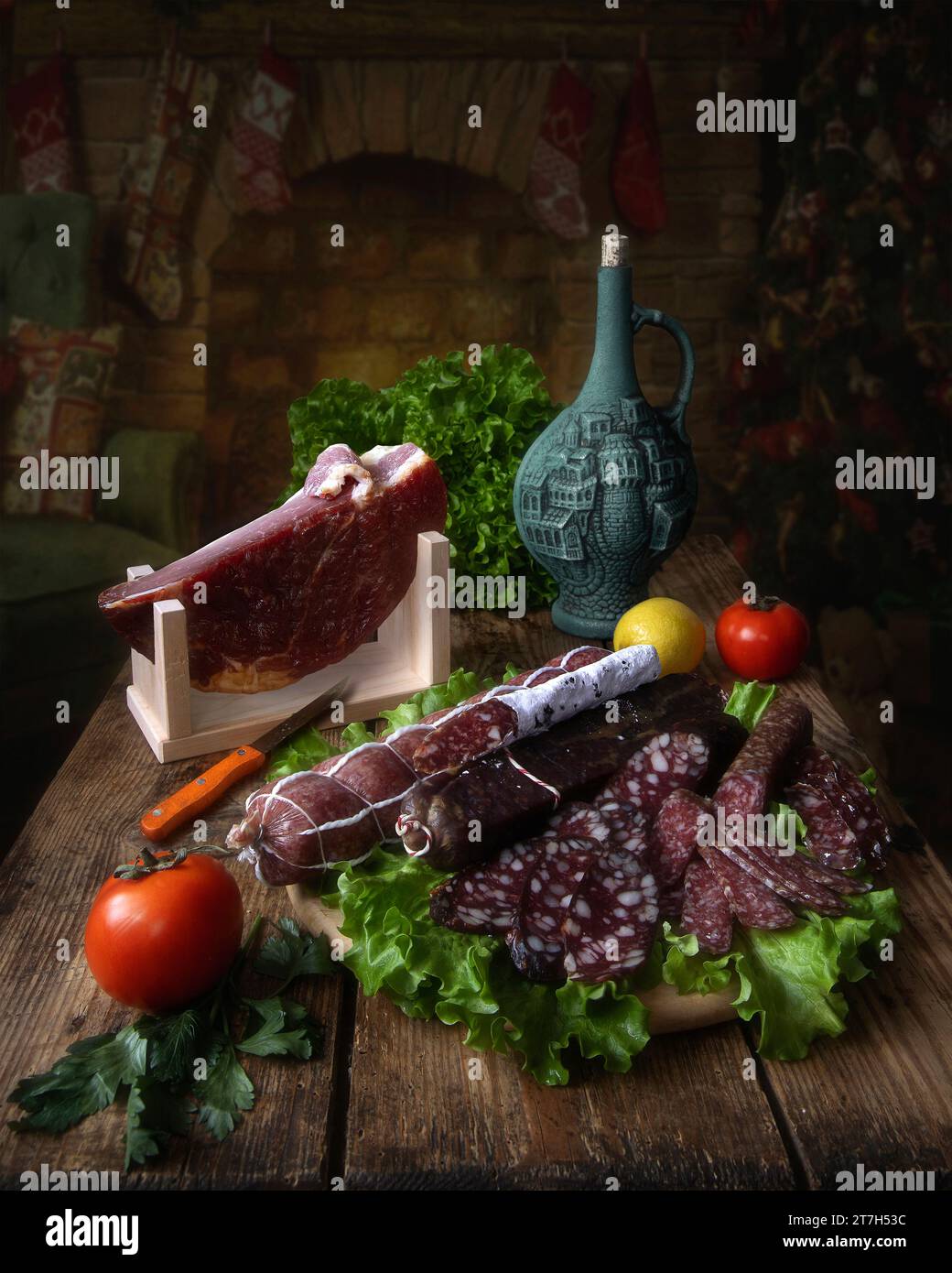 Stillleben mit gastronomischen Köstlichkeiten Stockfoto