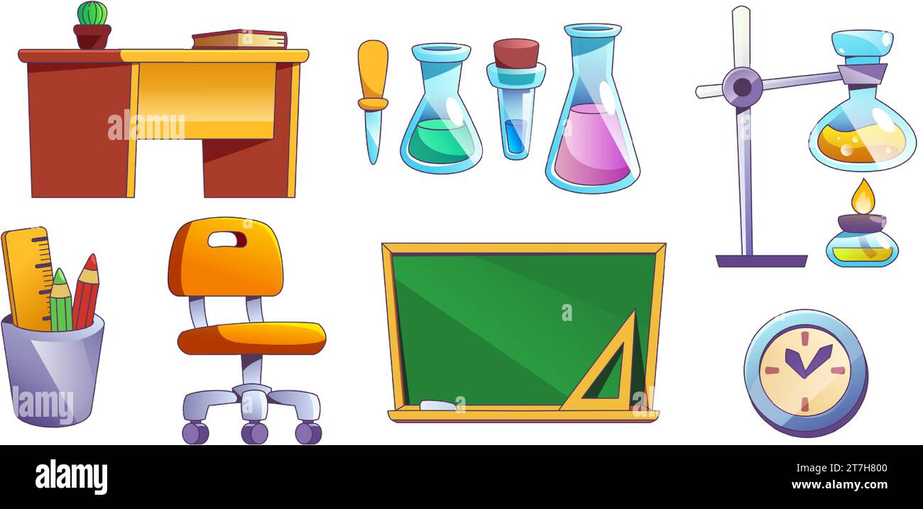 Innenausstattung und Ausstattung des Schullabors. Cartoon-Set mit Elementen für den Chemie-Unterricht. Tisch mit Schreibwaren und Stuhl, Tafel und Glaskolben mit chemischen Reagenzien für das Labor. Stock Vektor