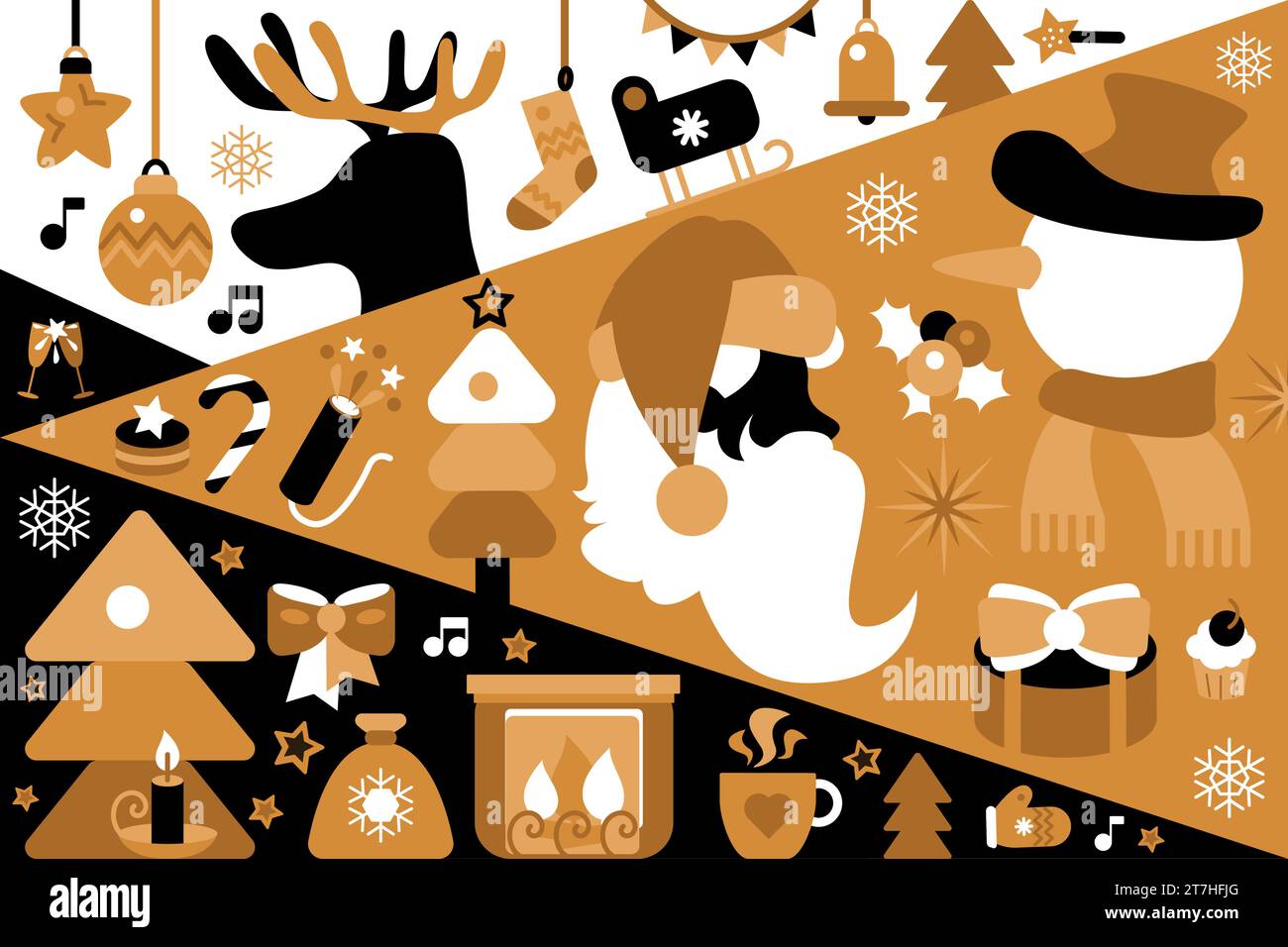 Goldenes Weihnachtsposter in Boho-Farben mit Weihnachtsmann, Schneemann, Hirsch, Weihnachtsbaumspielzeug, Feuerwerkskörper, Geschenke, Überraschungen. Stock Vektor