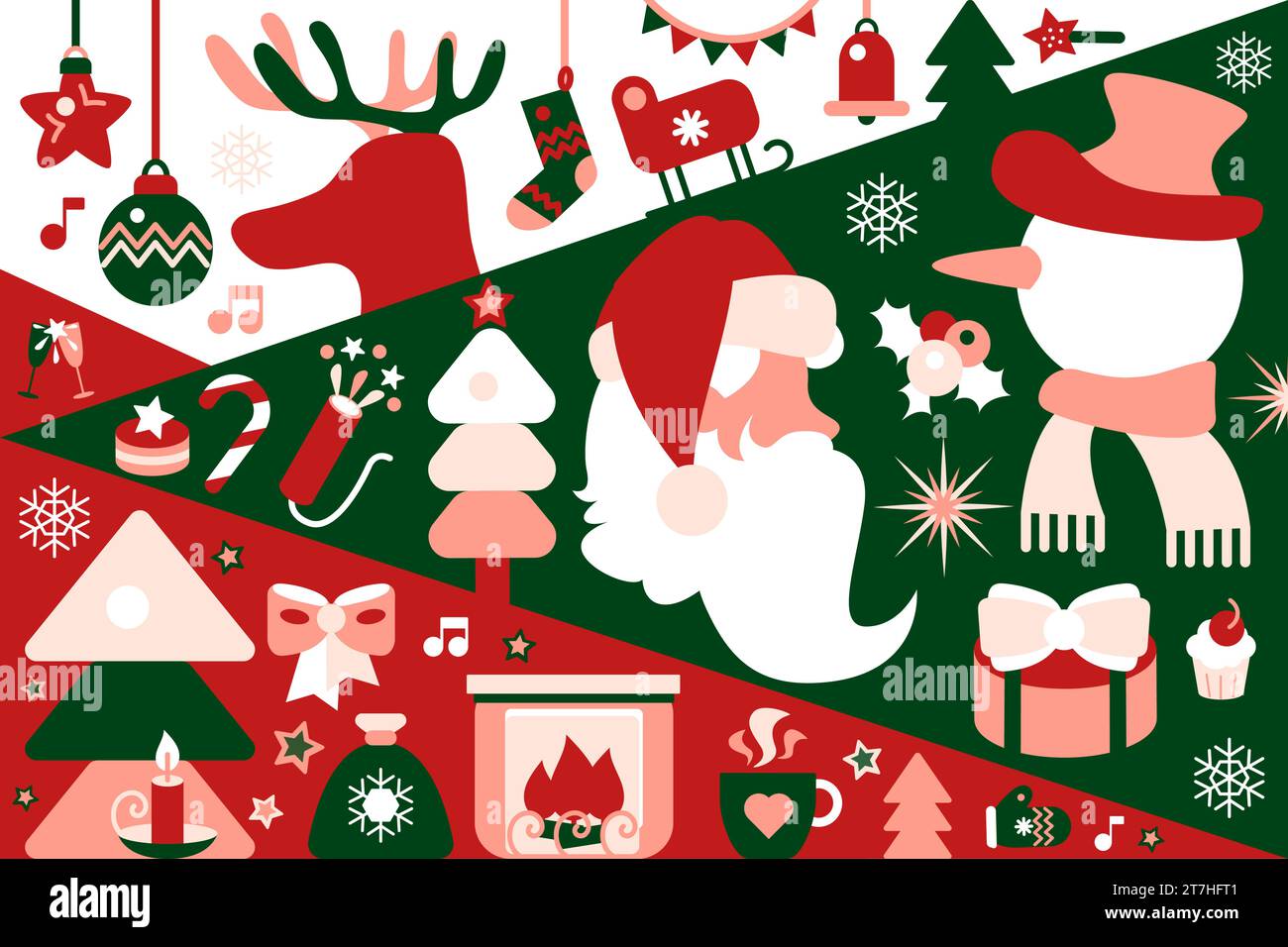 Weihnachtliches horizontales Partyplakat in Rot-Grün-Farben mit Weihnachtsbaumspielzeug, Feuerwerkskörper, Weihnachtsmann, Schneemann, Hirsch, Geschenke, Überraschungen. Te Stock Vektor