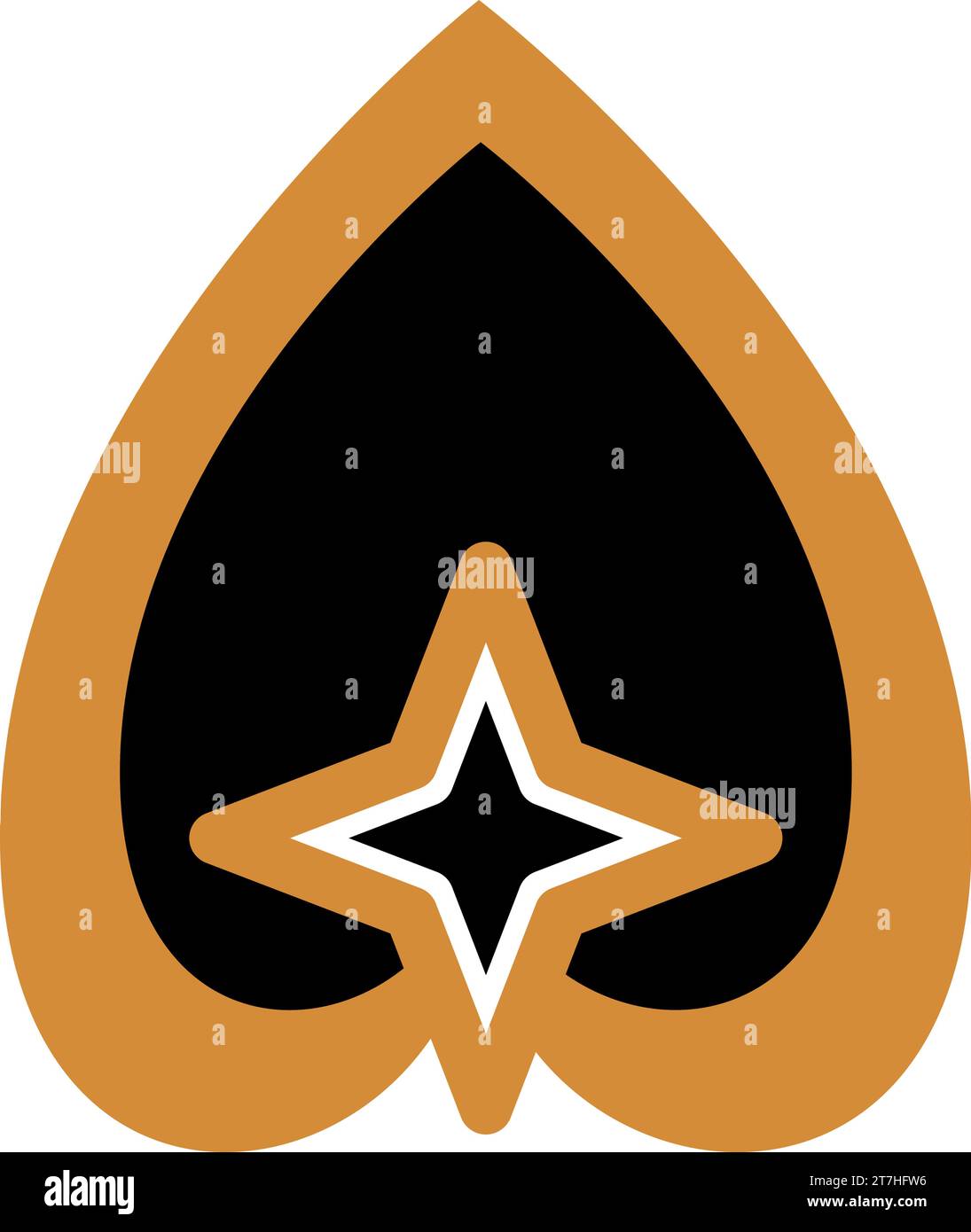Luxuriöser Boho-Stil mit vier spitzen Sternen im Inneren des invertierten Herzsymbols in Schwarz- und Goldfarben. Religiös-mystisches Piktogramm. Heiliges Vektorzeichen isoliert o Stock Vektor