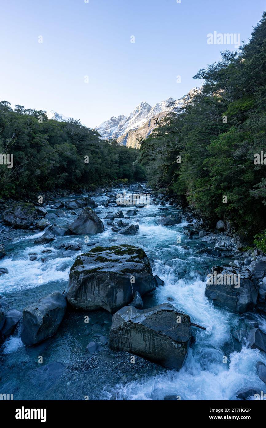 Tutoko River in der Nähe des Milford Sound auf der Südinsel Neuseelands Stockfoto