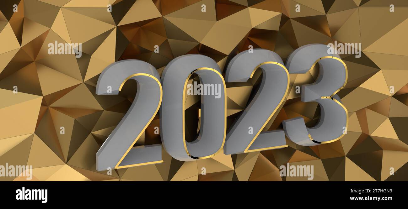 Ein 3D-goldfarbenes 2023-Jahres-Schild mit geometrischem Hintergrund und dreieckigen Formen Stockfoto